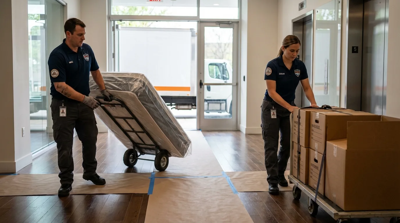 Professional apartment movers loading elevator in Rossville, GA